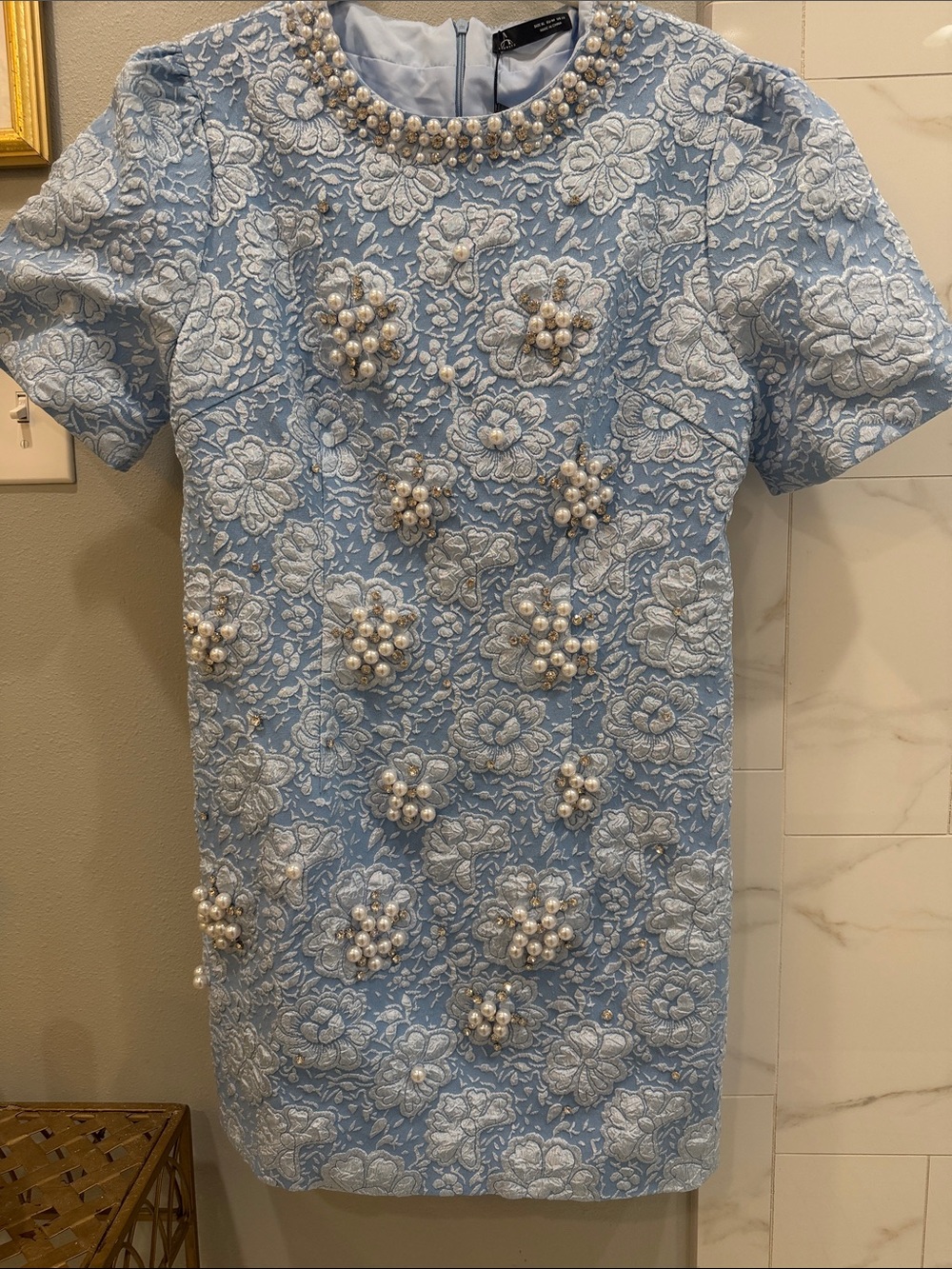 Womens Boutique Blue Lace Dress Pearl and rhinestone Embellishments size xl NWT